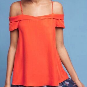 Anthropologie Red Cold Shoulder Top Paper Crown V-Neck Soft Comfortable Bright